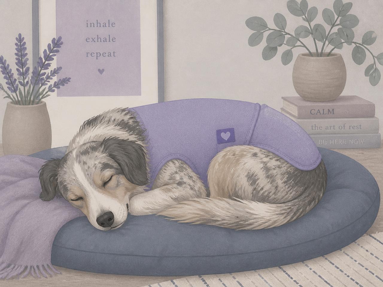 A calm dog resting while wearing a lavender anxiety compression wrap